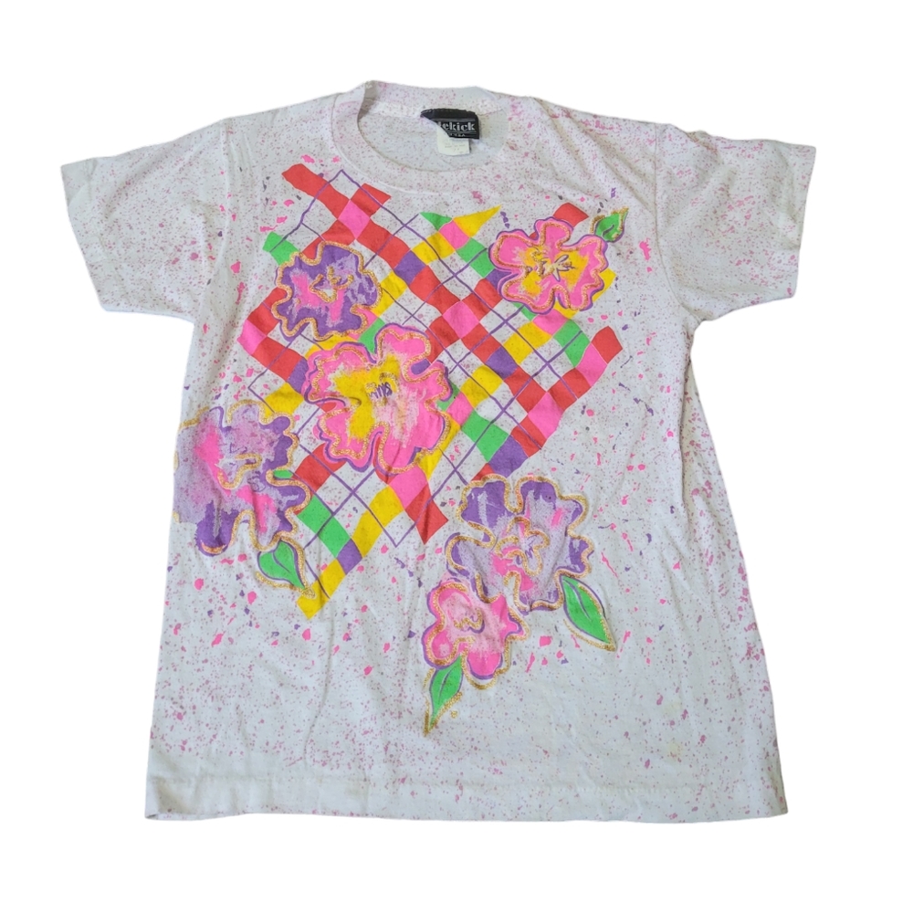 Vintage 1990s neon florescent paint splatter puff paint graphic t-shirt
